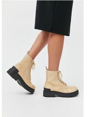 Urban Outfitters Woven Lace-Up Combat Boots in Beige and Black